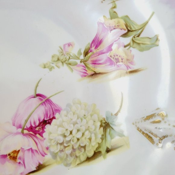 Antique White RS Prussia Floral Bowl Satin Finish Daffodils Fuchsia Hydrangea - Picture 4 of 15